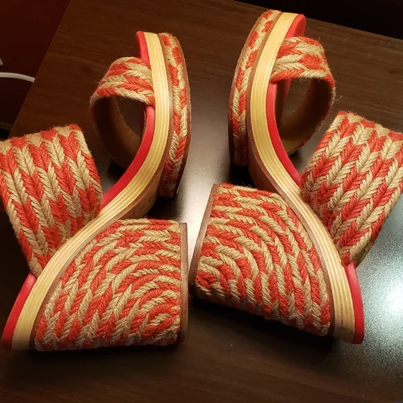 Tory Burch Women's Size 8.5 Lola Woven Jute Lthr Red Crm Platfrom Slide Sandals - Picture 3 of 14